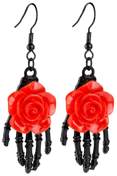 etNox Red Rose on Skeletal Hand Earrings