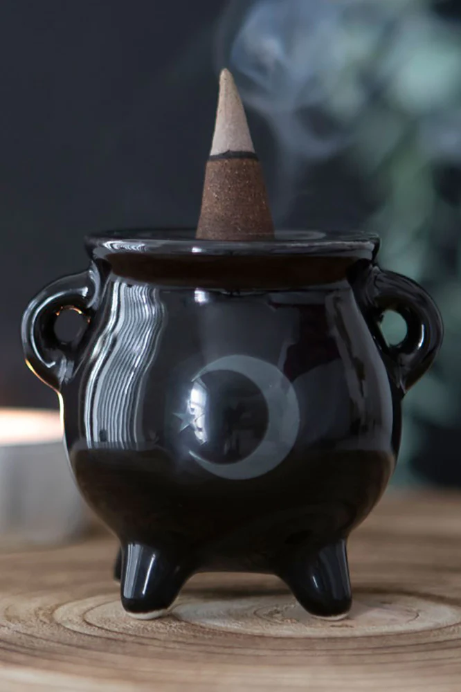 Mystical Moon Cauldron Ceramic Incense Holder