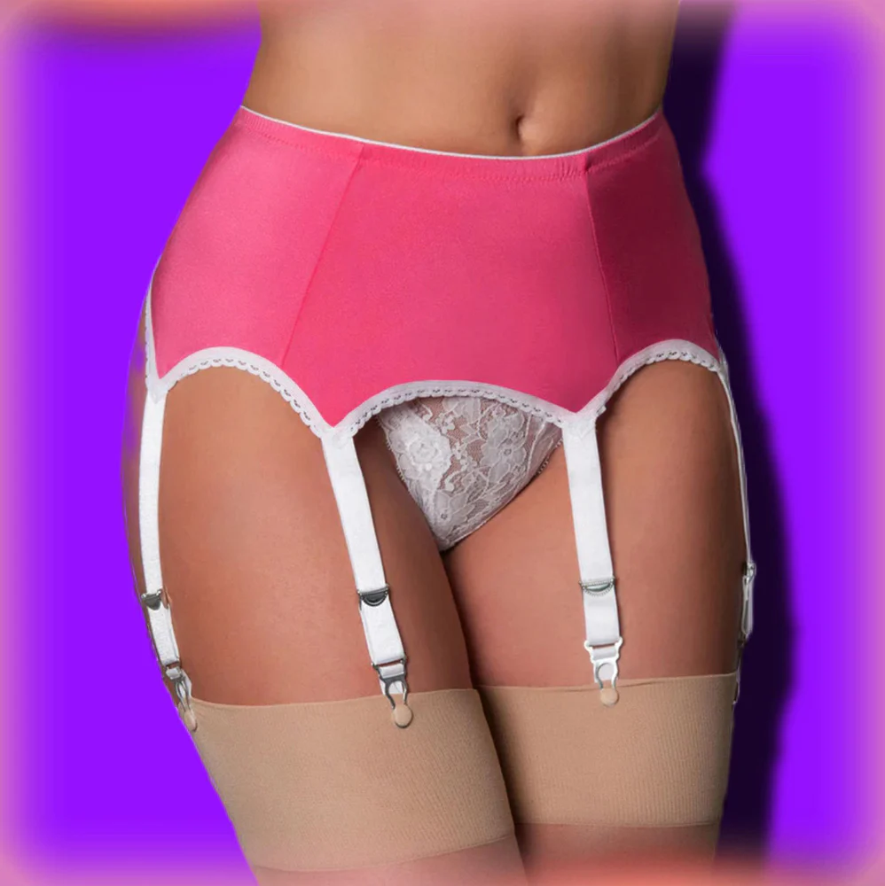 Nylon Dreams 6 Strap Suspender Belt Pink/White - Image 3
