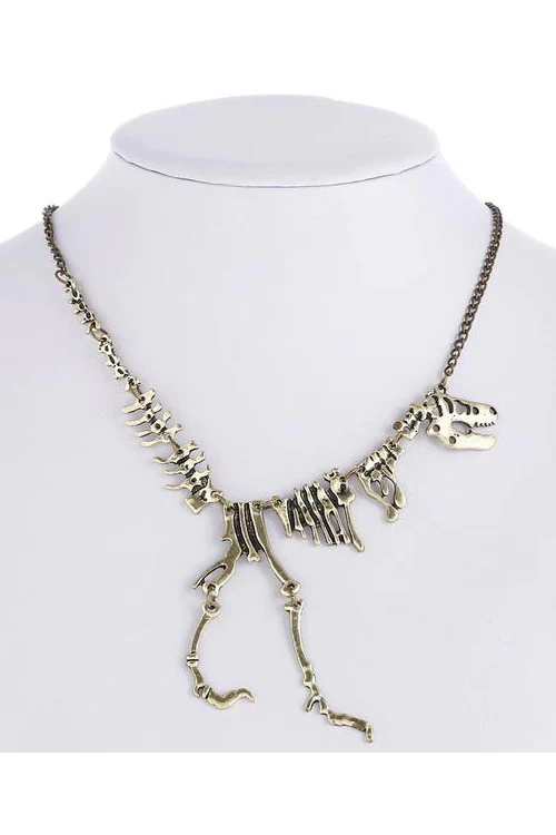 Steampunk Dinosaur Skeleton Necklace Antique Goldtone