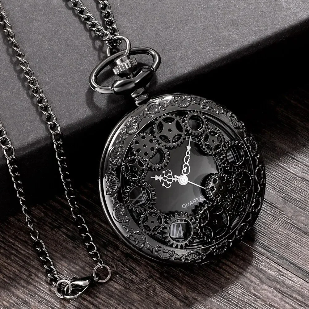 Steampunk Gunmetal Pocket Watch with Gears on Necklace Chain - Image 3