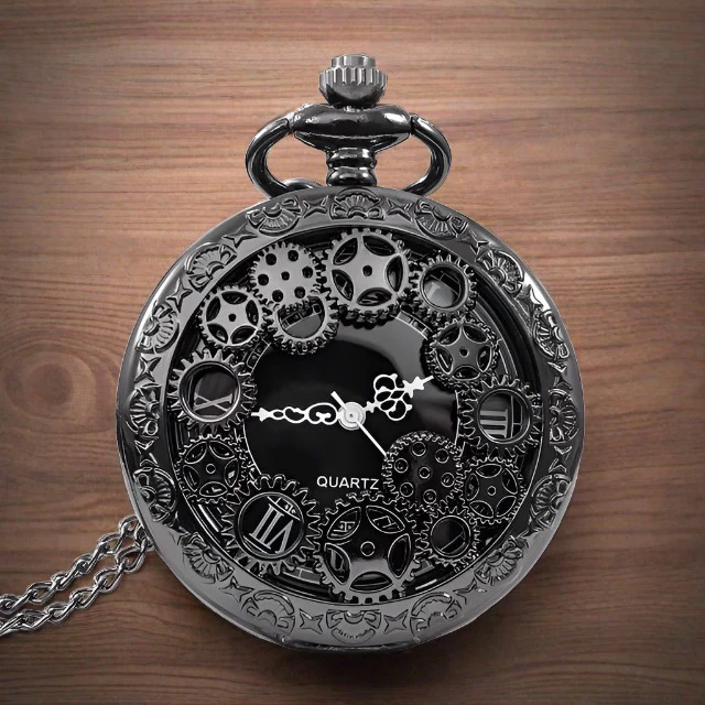 Steampunk Gunmetal Pocket Watch with Gears on Necklace Chain - Image 5