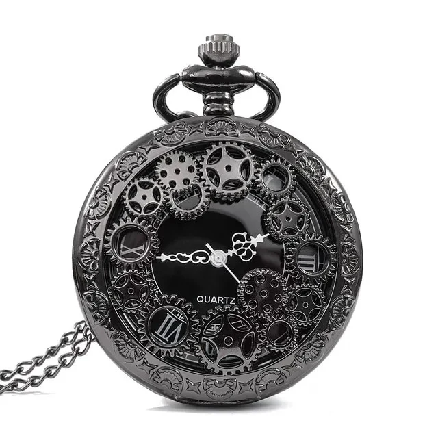 Steampunk Gunmetal Pocket Watch with Gears on Necklace Chain - Image 6