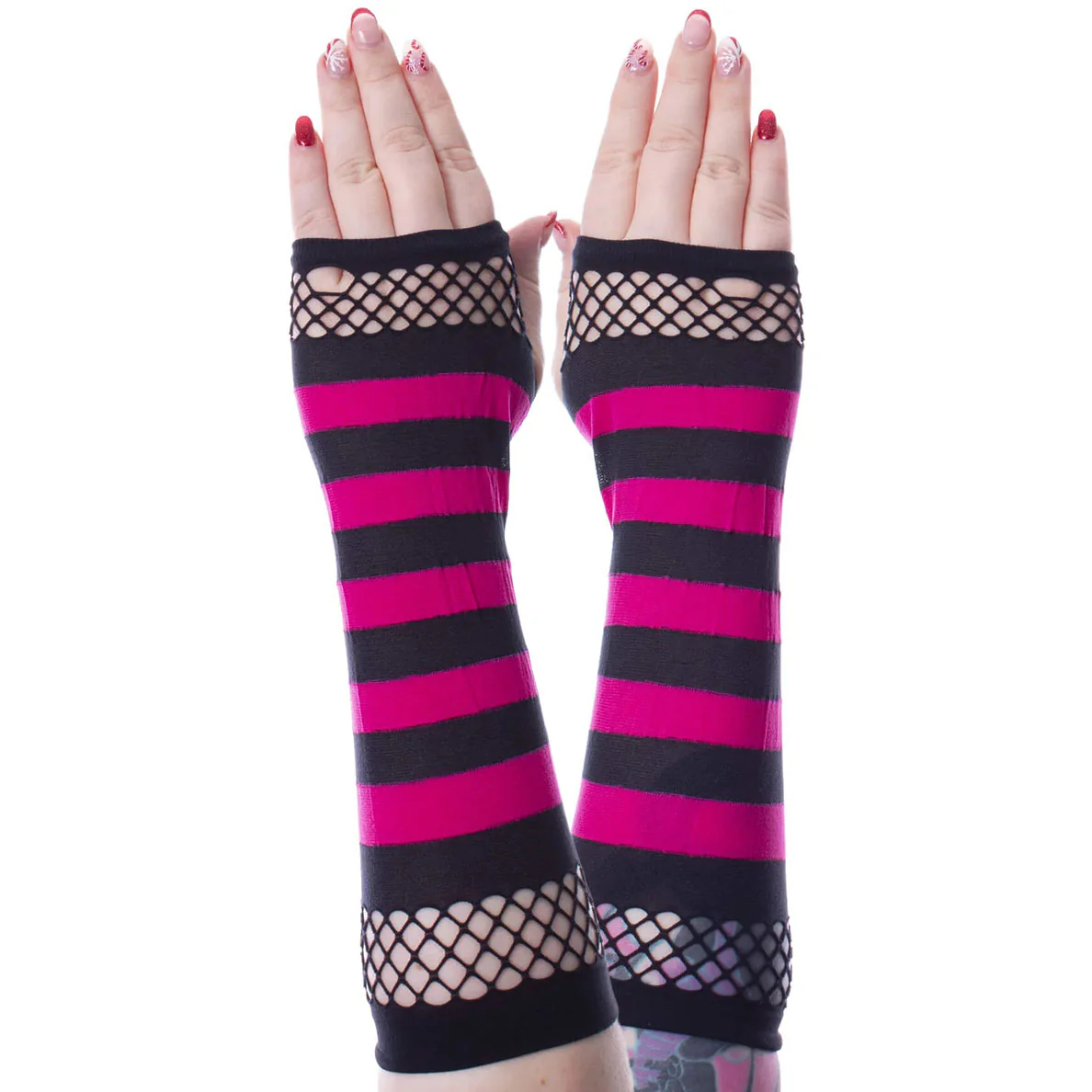 Striped Mesh Gloves Black/Pink - Image 3