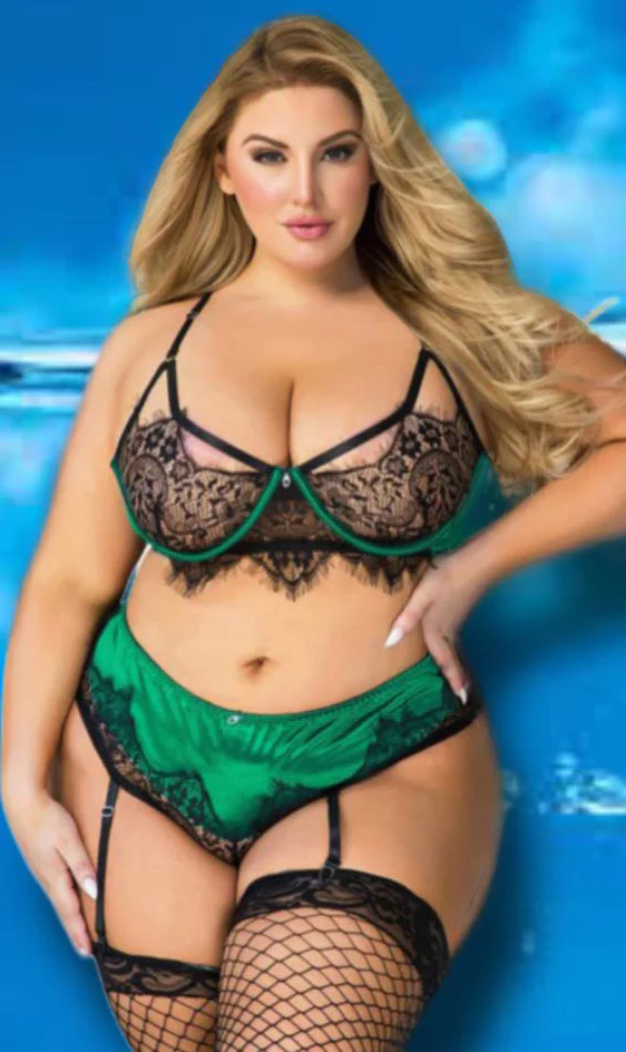YesX Plus Size Black/Emerald Bra Set - Image 2